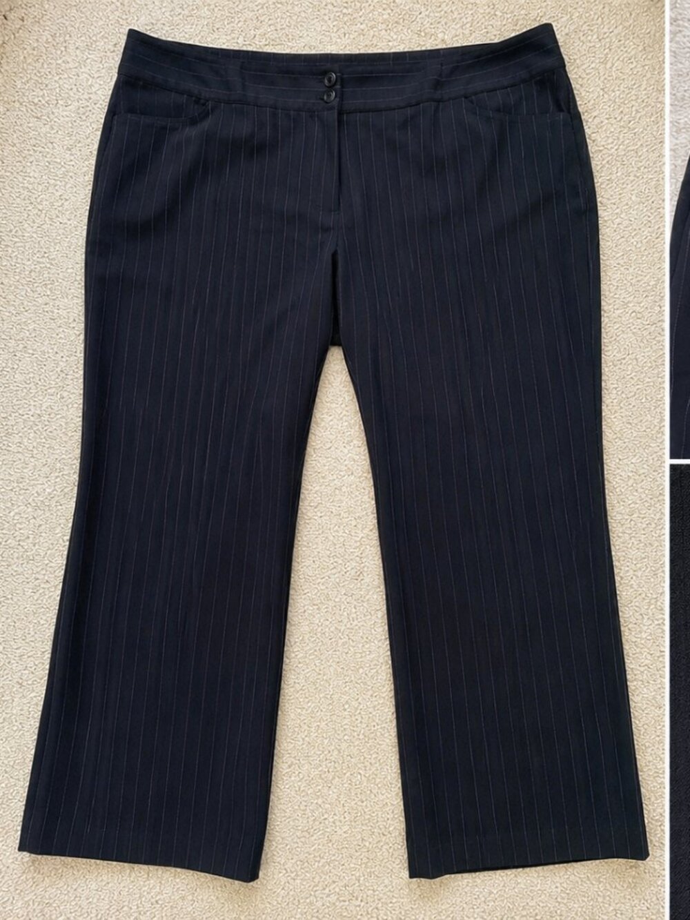 Classic Lane Bryant plus size career pants in a subtle black with plum pinstripe